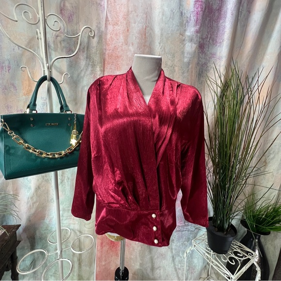 πVintage 90s Wine Red Plus Size Satin Blouse with Fitted End - Picture 1 of 13